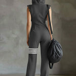 Sporty Retro Lace Striped Black Sleeveless Hooded Jumpsuit