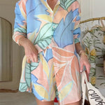 Margovil Unique Print Long Sleeves Button Up Shirt and Pocketed Shorts Linen Set