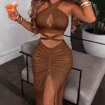 Women's Two Piece Set Criss Cross Halter Backless Crop Top and High Slit Ruched Skirt Sexy Matching Set