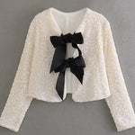Margovil Long Sleeves Bow Detail Shiny Sequin Top
