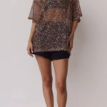 Round Neck Half Sleeves Crochet Hollow Out Sequin Top
