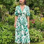 Candlia | Puff Sleeve V Neck Abstract Print Midi Dress