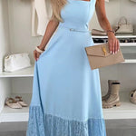 Square Neck Sleeveless Lace Splice Maxi Dress