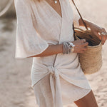 Margovil V Neck Tie Knot Cotton Linen Wrap Mini Dress
