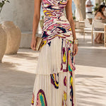 V Neck Abstract Paisley Print Chiffon Maxi Dress