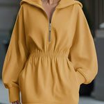 Mustard Yellow Half-Zip Hooded Sweatshirt Dress