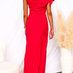 Bow Shoulder Waisted Slit Maxi Dress