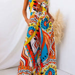 Spaghetti Strap Tie Knot Front Wide Leg Printed Jumpsuit