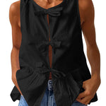 Margovil Bow Front Sleeveless Cotton Linen Ruffle Top(in 6 Colors)