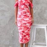 Off Shoulder Ruched Mesh Overlay Slim Fit Floral Midi Dress