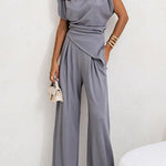 Margovil Ruched Asymmetrical Top and Wide Leg Pants Set