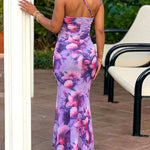Women's Floral Mesh Mermaid Dress One Shoulder Ruched Bodycon Midi Dress Elegant Wedding Guest Party Evening Gown