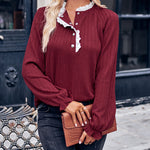 Solid Color Stand Collar Lace Long Sleeve Top Pullover