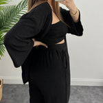 Two-Piece Set Long Sleeve Shirt Solid Color Pleated Elastic Waist Long Pants
