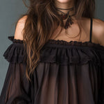 Romantic Cold-Shoulder Ruffle Chiffon Blouse With Lace Trim