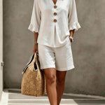 Freya Thornton | Linen Two-Piece Shorts Set with Ruffle Sleeve Detail For Women