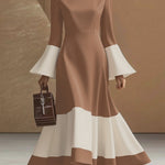 Flared Sleeves High Waisted Contrast Color Pleated Split-Joint Mock Neck Maxi Dresses