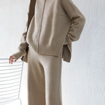 Lounge Set Casual Side Slit Knitted Sweater Pullover Top Wide Leg Pants Two Pieces Tracksuit