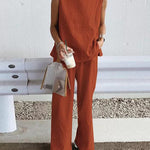 Nadorine Casual Loose Sleeveless Slit Solid Color Vest Trousers Pants Set