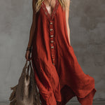 Vintage And Charming Red Cotton And Linen Sleeveless Maxi Dress