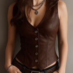 Sharp V-Neck Black Eco Leather Waist-cinched Waistcoat