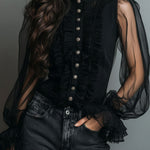 Vintage High Neck Black Sheer Organza Blouse With Ruffle Trim