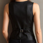 Sharp V-Neck Black Eco Leather Waist-cinched Waistcoat