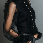 Vintage High Neck Black Sheer Organza Blouse With Ruffle Trim