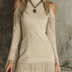 Brown High-neck Off-shoulder Tassel Faux Suede Long-sleeved Mini Dress