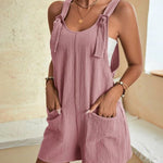 Knot Front Pocket Patched Overall Shorts Romper Without Tube Top Jumpsuits