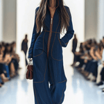 Casual Loose Retro Red Topstitched Denim Wide Leg Long Sleeve Jumpsuit