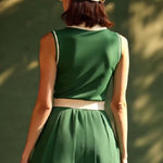【24-hour shipping out】Casual Fashion Polo Neck White Trim Green Sleeveless Mini Dress