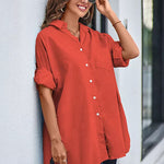Nadorine Long Cuffed Sleeve Shirts Button Down V Neck Blouse Loose Fitting Tops