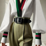 Long Sleeves Loose Contrast Color Pleated V-Neck Blouses&Shirts Tops