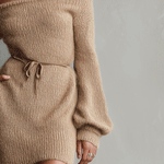 Women's Camel Elegant Fuzzy Knit Off - The - Shoulder Belted Mini Dress