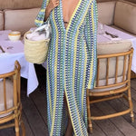 Bondi Beach Knit Colorful Wave Print Long Sleeve Vacation Maxi Dress