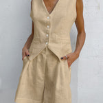 Two Pieces Sets Slim Solid Sleeveless V-Neck Tops Waistcoat High Waist Casual Short Pants Suit