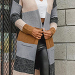 Knitted Color Block Open Front Long Cardigan