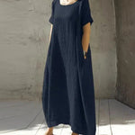 Round NeckKnee Length Summer Dress Casual Short Sleeves Loose Oversized Dress