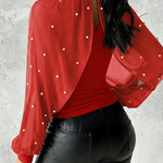 Pearls Decor High Neck Chiffon Draped Cape-style Cloak Sleeve Spliced Tee Ruched Hollow-out Back Slim Fit Top