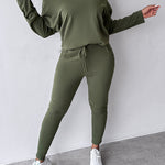 2 Pieces Outfit Long Sleeve Skew Neck Pullover Top and Drawstring Elastic Waist Slim Fit Pants Set