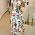 Floral Print V Neck Puff Sleeve Maxi Dress A-Line Flowy Casual Dress With Pockets