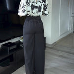 2 Pieces Outfit Floral Print Round Neck Bell Sleeve Satin Top and High Waist Wide Leg Work Pants Set