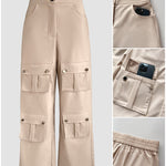 High Waist Zipper Fly Multiple Flap Pockets Design Utility Pants Casual Elastic Back Waist Wide Leg Cargo Pants