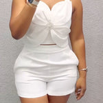 2 Pieces Outfit 3D Flower Decor Sweetheart Neck Thick Straps Shirred Back Crop Top and Casual Elastic Back Waist Shorts Set