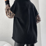 Contrast Sequin Leopard Print Spliced Turn-down Collar Button Front Denim Jacket Casual Pockets Design Raw Hem Coat