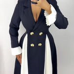 Colorblock Pleated Spliced Notched Collar Pleated Flared Cuff Double Breasted Blazer Dress Elegant Cinched Waist Flared Hem Commuting Dress
