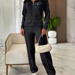 Women's Casual Tracksuit Set Zip Up Long Sleeve Lapel Jacket and High Waisted Straight Leg Pants Lounge Set with Pockets