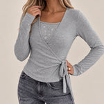 Women's Rhinestone Faux Two-Piece Long Sleeve Wrap Top with Side Tie