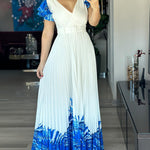 Abstract Placement Print Overlap Deep V-Neck Ruffles Sleeve Pleated Maxi Dress Elegant Zipper Back Cinched Waist Vacation Dress with Belt